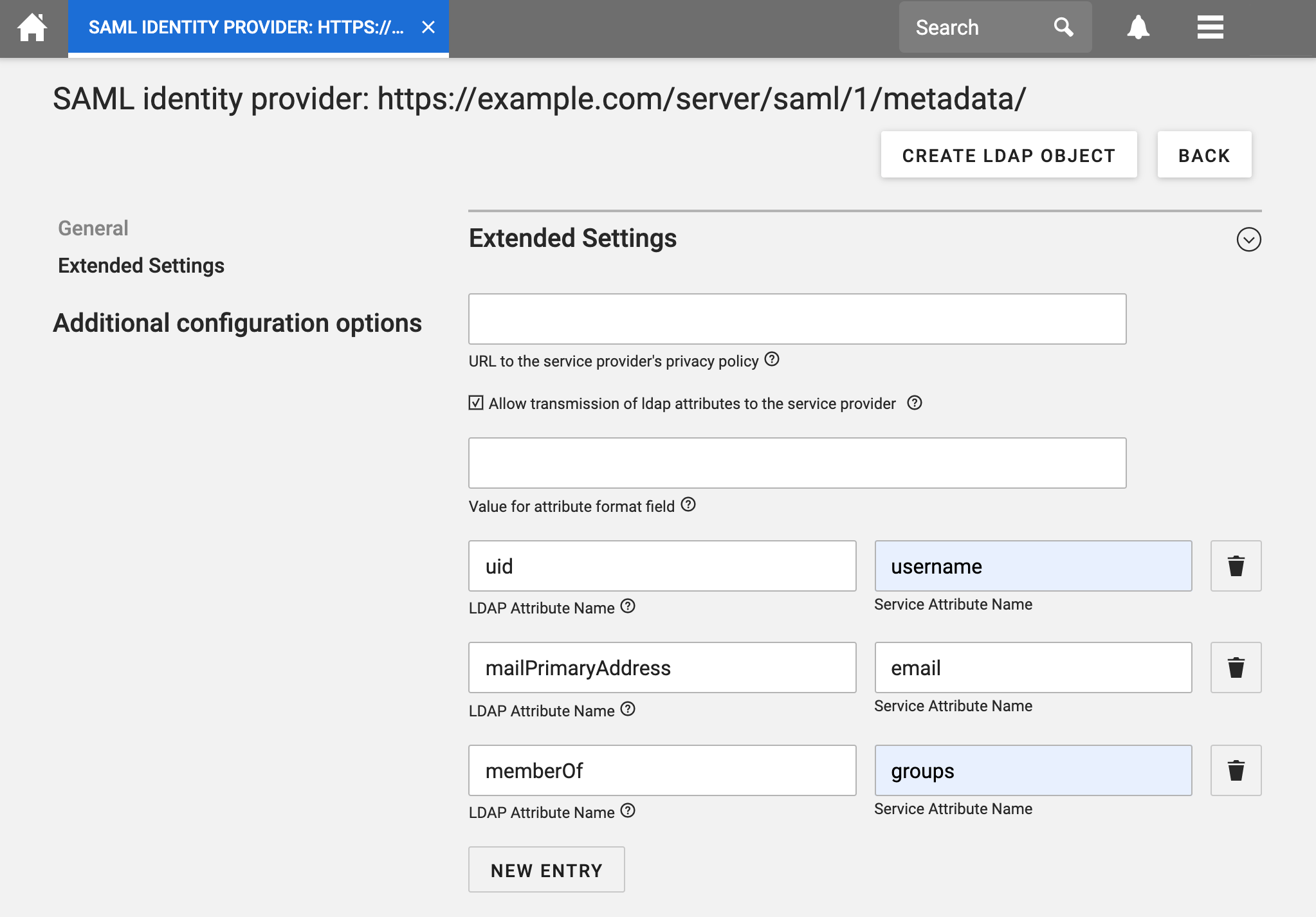 Switch to Extended Settings and fill out the LDAP mapping information