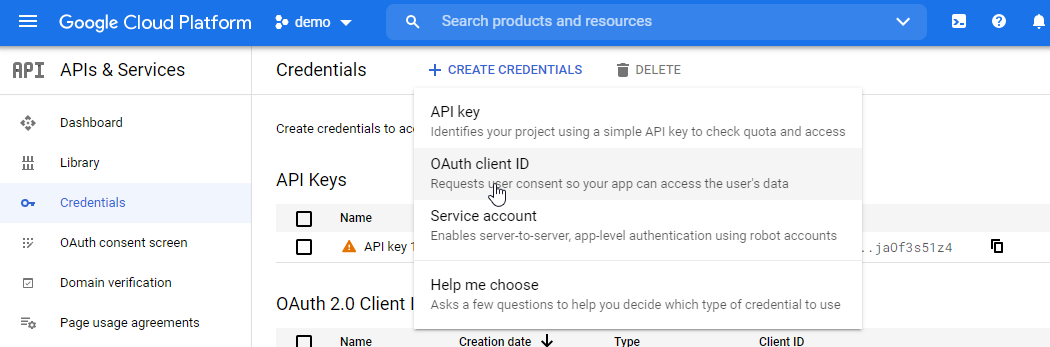 Create new OAUTH client ID
