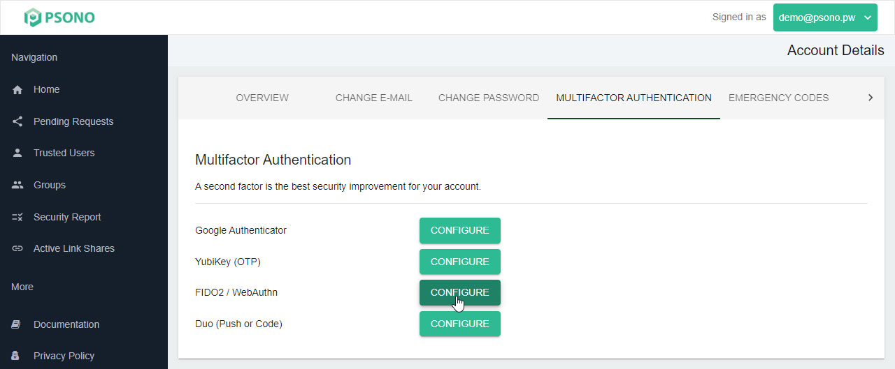 Step 4 click configure next to Fido2 / Webauthn