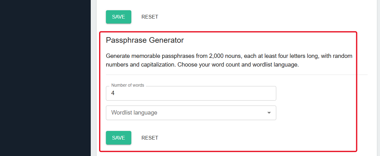 Default settings for passphrase generator