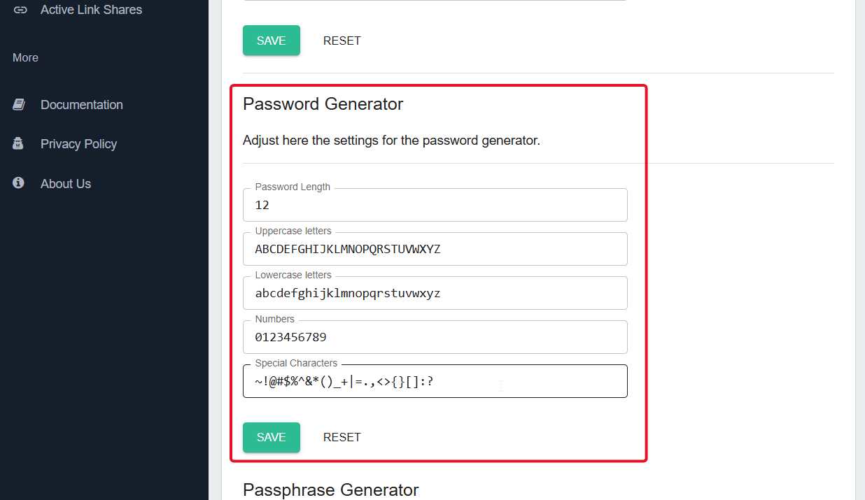 Default settings for password generator
